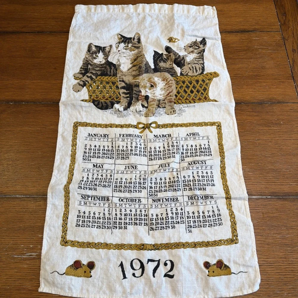 Vintage Linen Tea Towel Calendar 1972 Cats